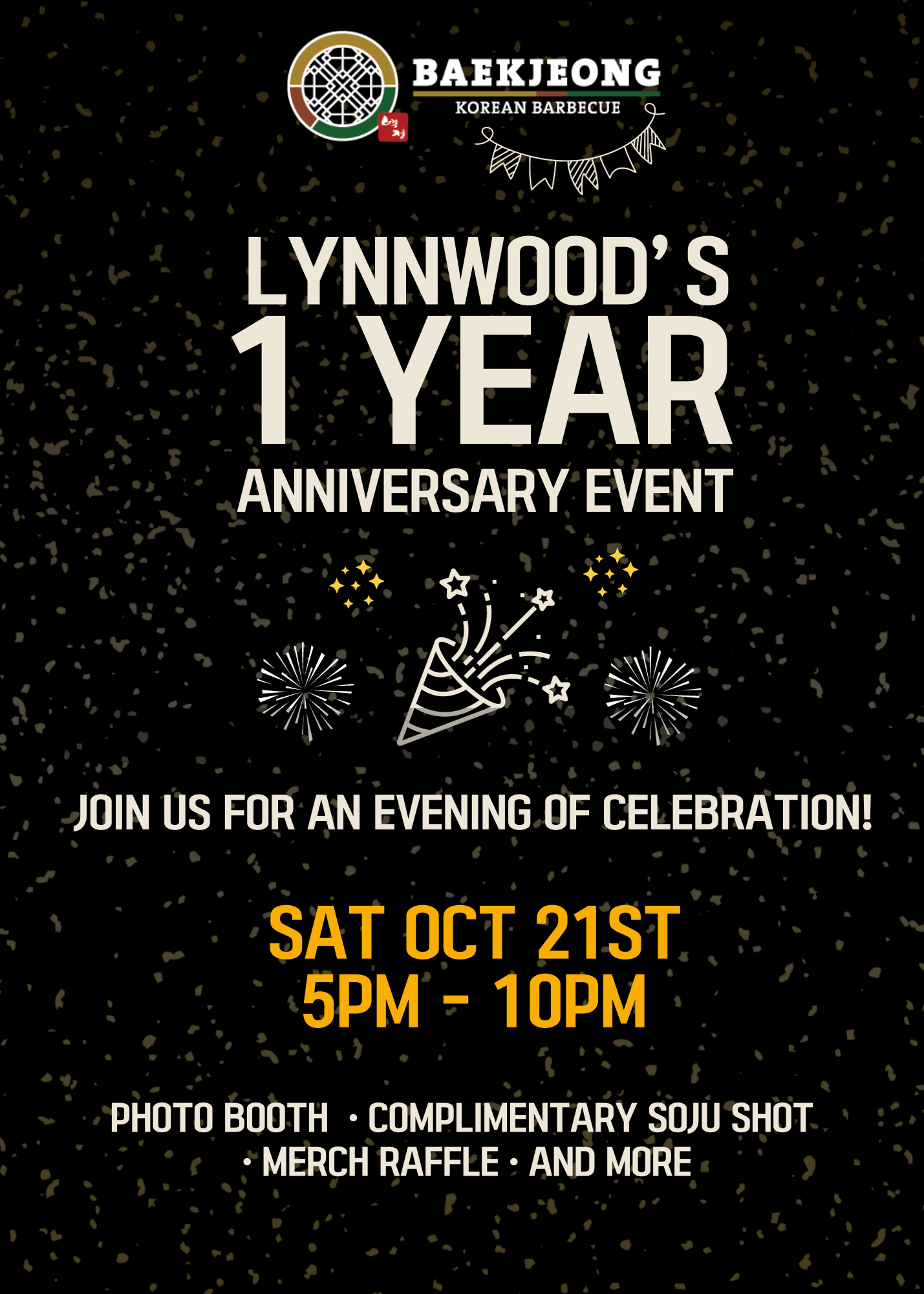Lynnwood's 1 Year Anniversary Event - Join us for an evening of celebration! Saturday October 21st 5pm - 10pm. Photo Booth, Complimentary Soju Shot, Merch Raffle, And More